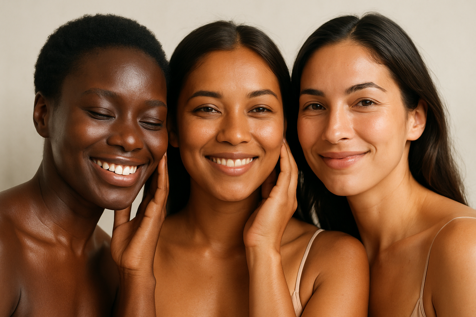3 women loving on their skin no cream on their face 